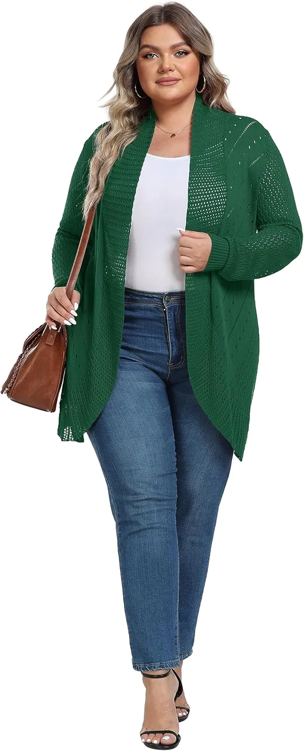 TIANZHU Plus Size Lightweight Long Crochet Cardigan for Women Open Front Knit Cardigan Sweaters Casual Loose Coat