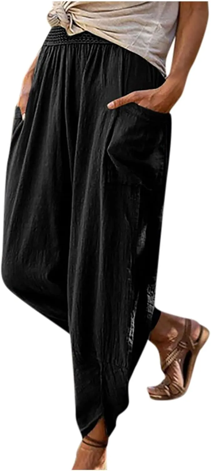 tuduoms Women's Linen Tapered Pants Comfy Casual Cropped Elastic Waist Beach Trousers Summer Lightweight Baggy Harem Pants