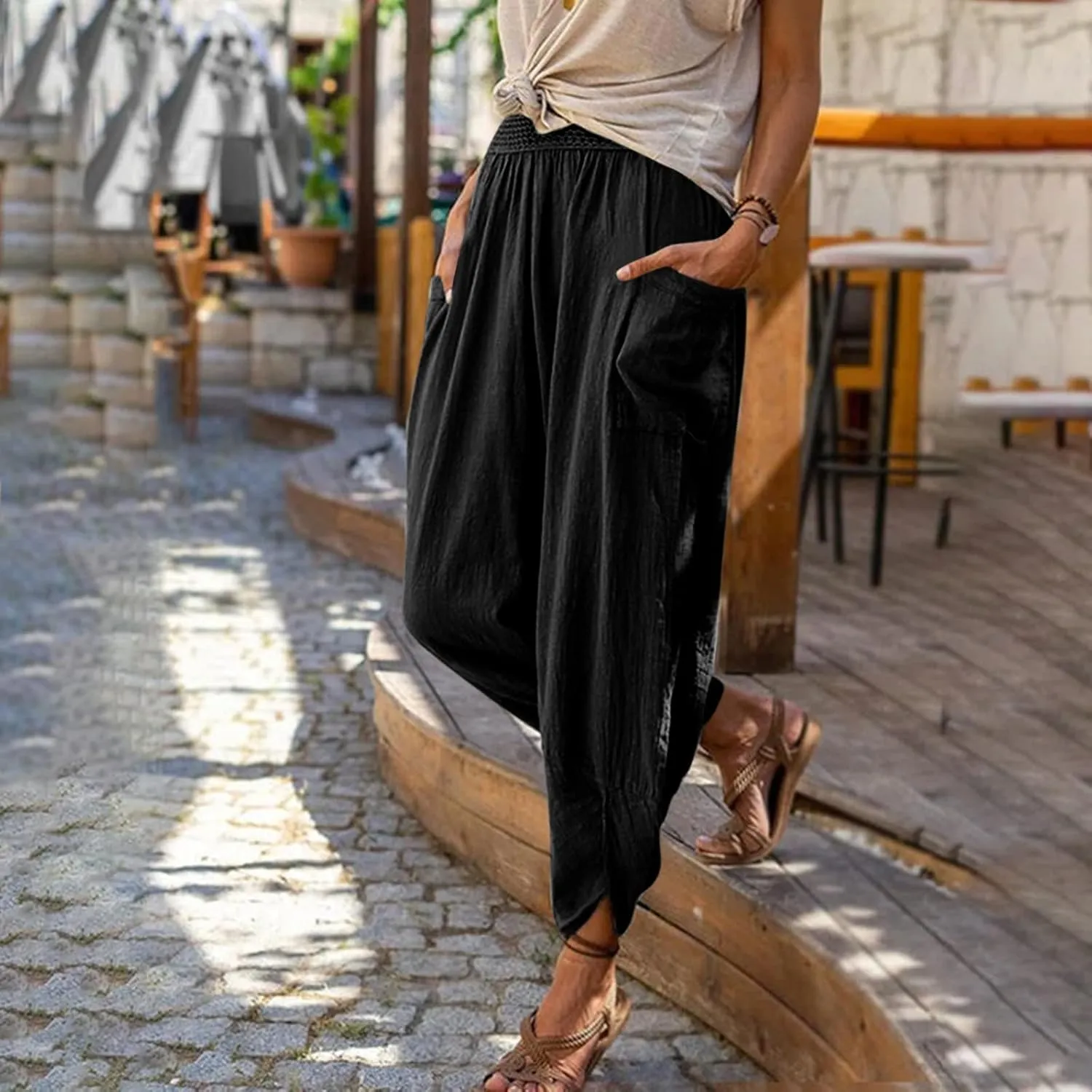 tuduoms Women's Linen Tapered Pants Comfy Casual Cropped Elastic Waist Beach Trousers Summer Lightweight Baggy Harem Pants