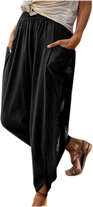 tuduoms Women's Linen Tapered Pants Comfy Casual Cropped Elastic Waist Beach Trousers Summer Lightweight Baggy Harem Pants