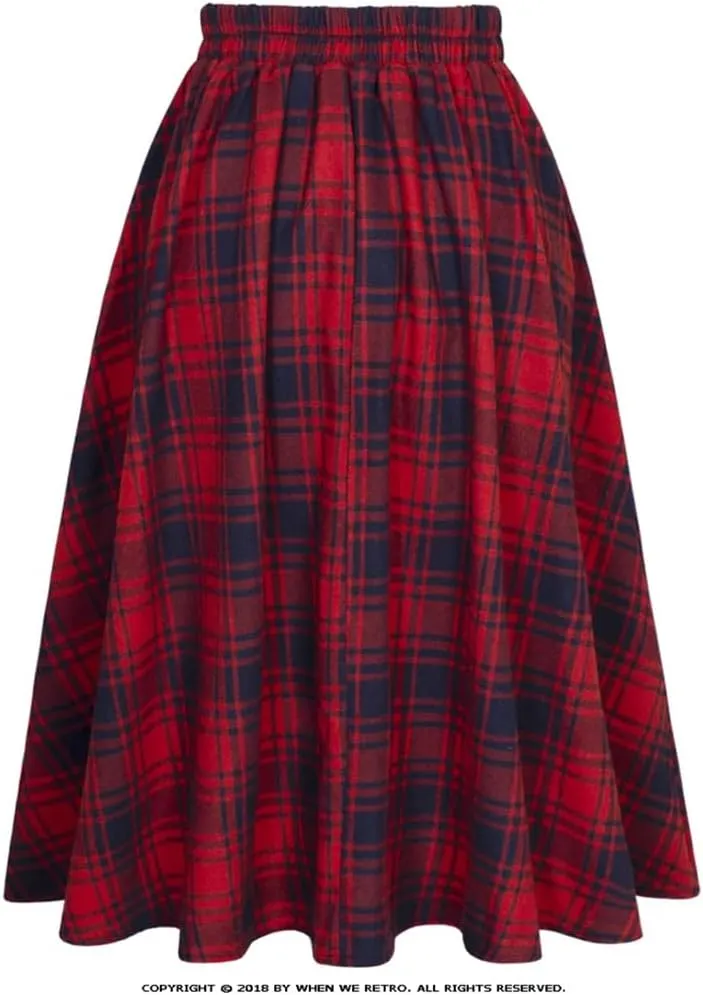 Vintage High Waist Plaid Pleated Midi Skirt for Women - Slim Fit Casual Party Skirt in Red Plaid