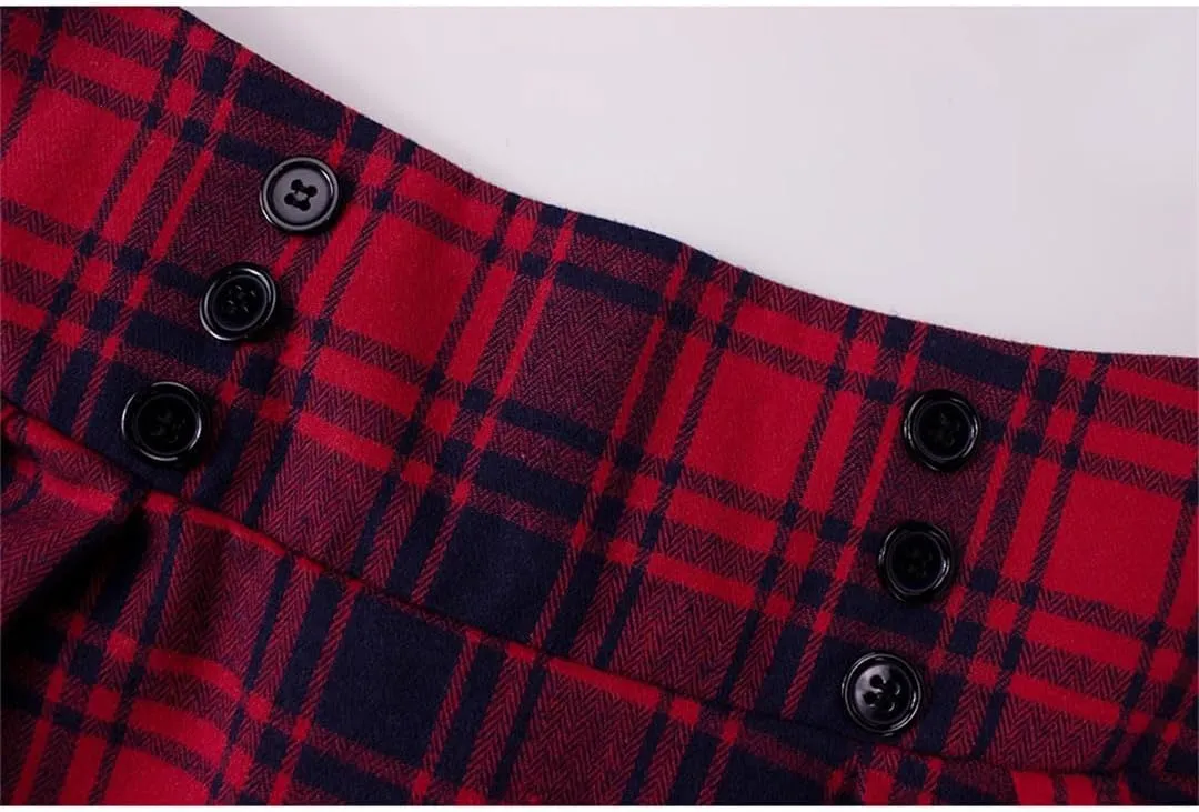 Vintage High Waist Plaid Pleated Midi Skirt for Women - Slim Fit Casual Party Skirt in Red Plaid