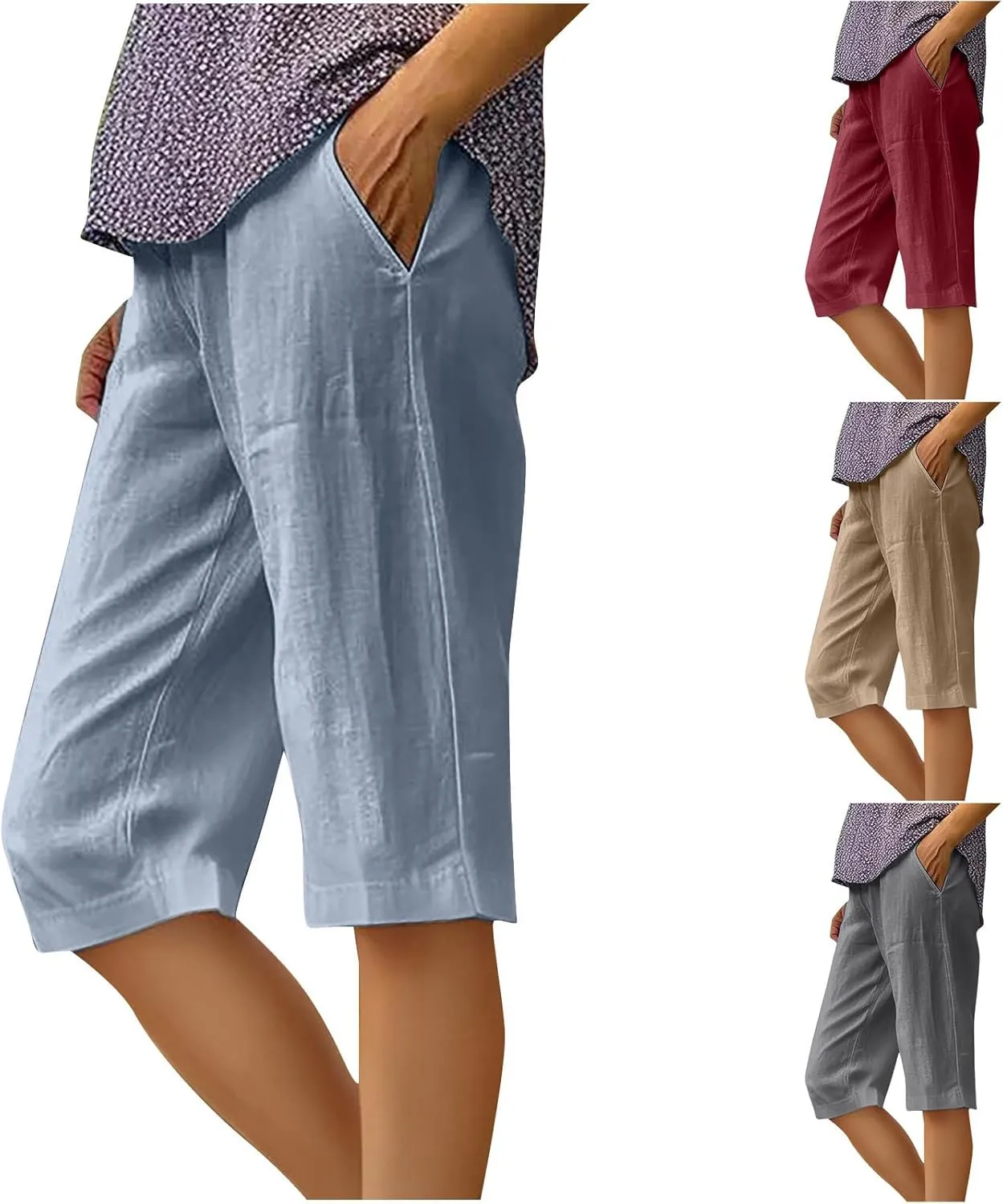 Wkishenl Athletic Shorts for Women Solid High Waisted Elastic Bermuda Short Summer Casual Comfy Linen Pants with Pockets