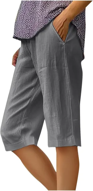 Wkishenl Athletic Shorts for Women Solid High Waisted Elastic Bermuda Short Summer Casual Comfy Linen Pants with Pockets