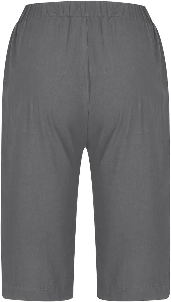 Wkishenl Athletic Shorts for Women Solid High Waisted Elastic Bermuda Short Summer Casual Comfy Linen Pants with Pockets
