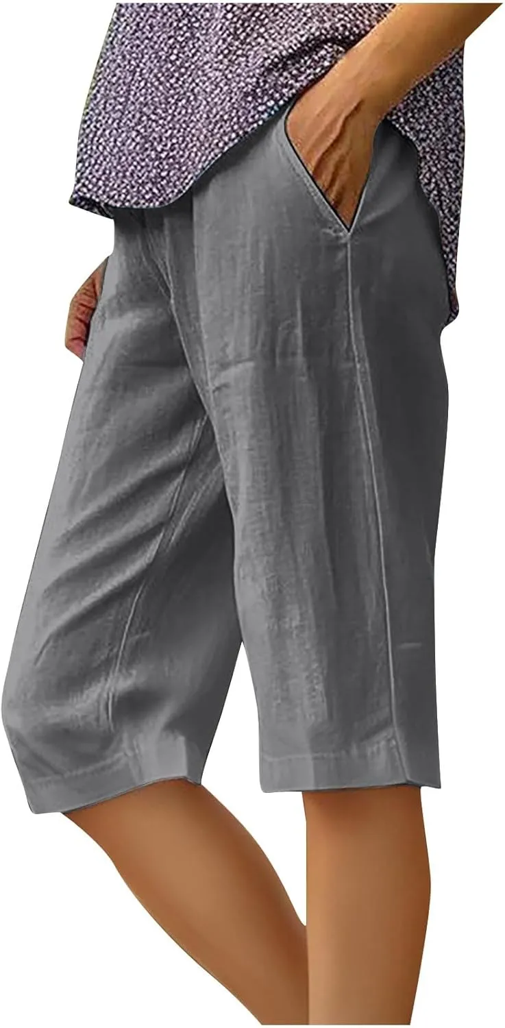 Wkishenl Athletic Shorts for Women Solid High Waisted Elastic Bermuda Short Summer Casual Comfy Linen Pants with Pockets