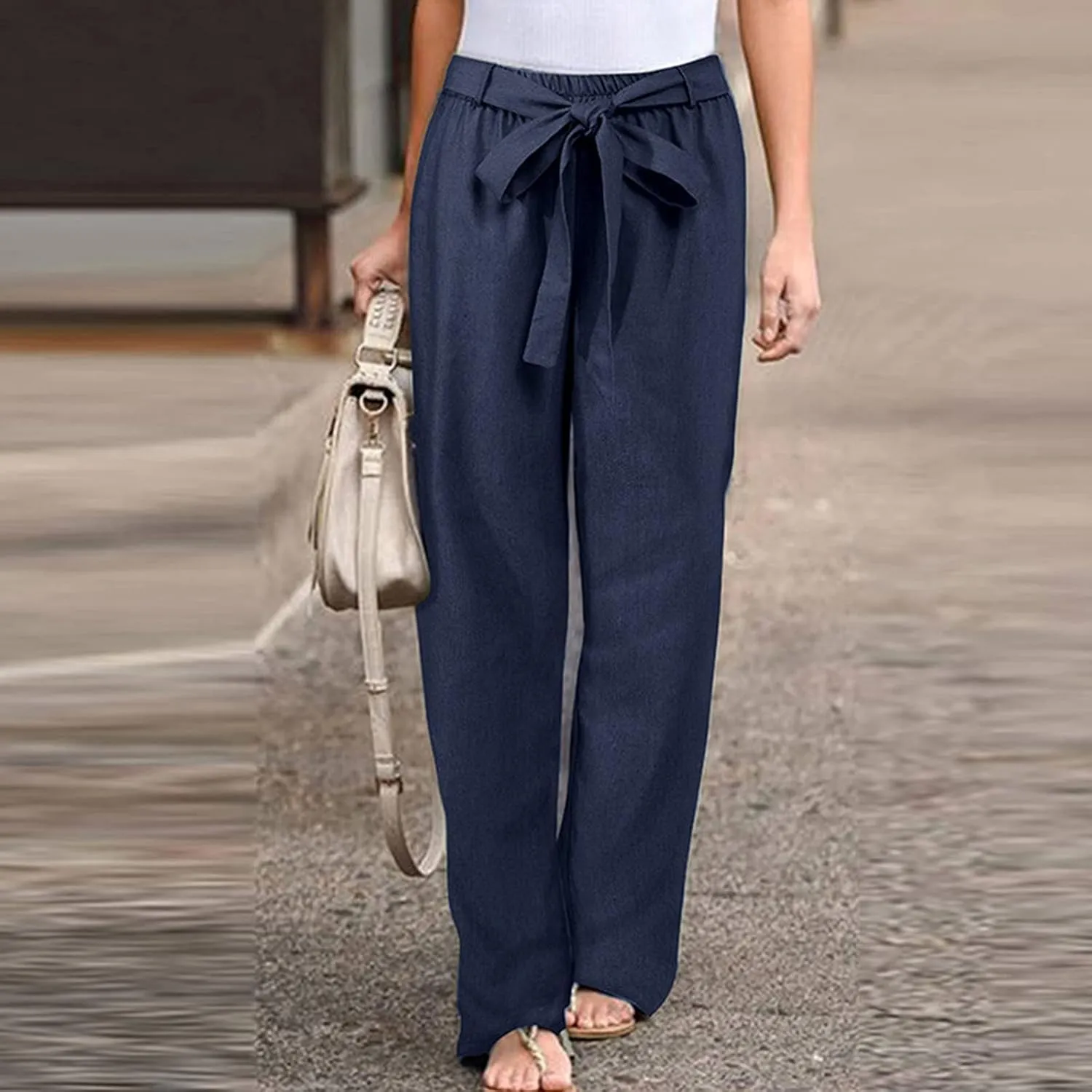 Women Cotton Linen Summer Comfy Pant Trousers Elastic Waist Baggy Stretchy Slim Fit Palazzo Lounge Pants Trendy