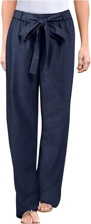 Women Cotton Linen Summer Comfy Pant Trousers Elastic Waist Baggy Stretchy Slim Fit Palazzo Lounge Pants Trendy