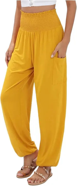 Women Cotton Linen Summer Comfy Pants Elastic Waist Wide Leg Plus Size Trouser Trendy