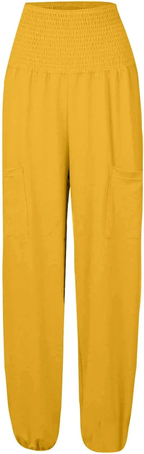 Women Cotton Linen Summer Comfy Pants Elastic Waist Wide Leg Plus Size Trouser Trendy