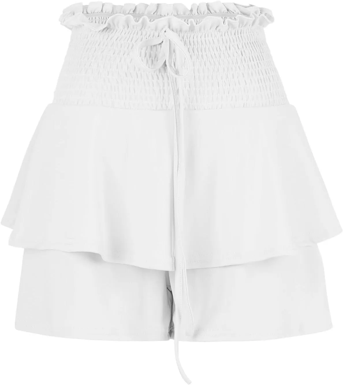 Women Flowy High Waisted Shorts Summer Casual Ruffle Double Layered Hem Skorts Smocked Waist Comfy Lounge Short Pants