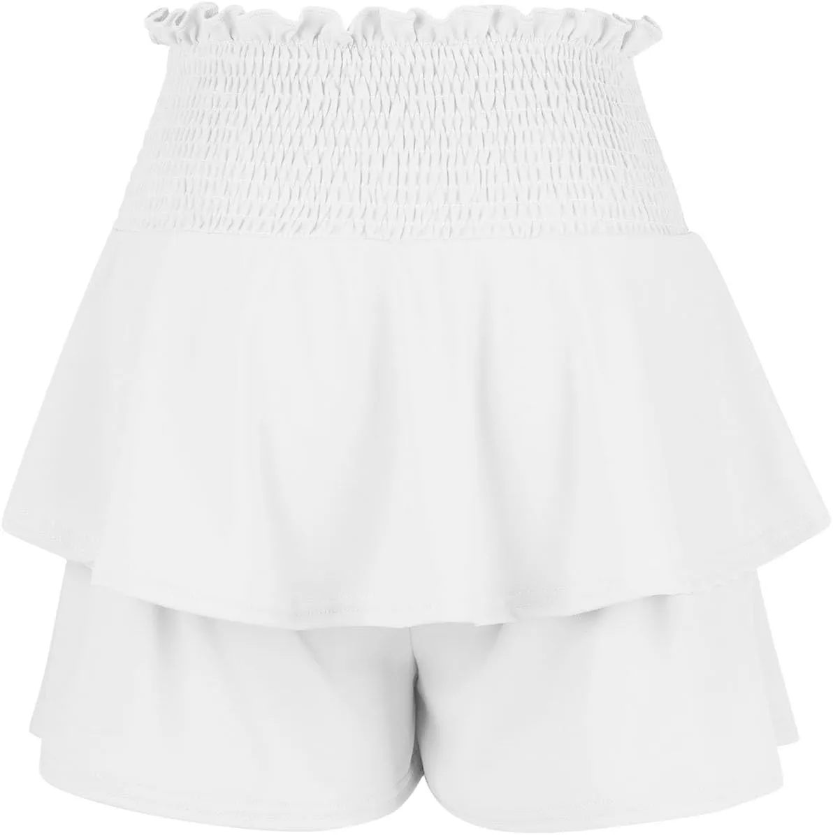 Women Flowy High Waisted Shorts Summer Casual Ruffle Double Layered Hem Skorts Smocked Waist Comfy Lounge Short Pants
