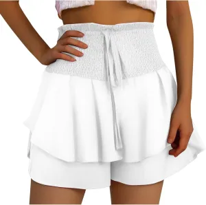 Women Flowy High Waisted Shorts Summer Casual Ruffle Double Layered Hem Skorts Smocked Waist Comfy Lounge Short Pants