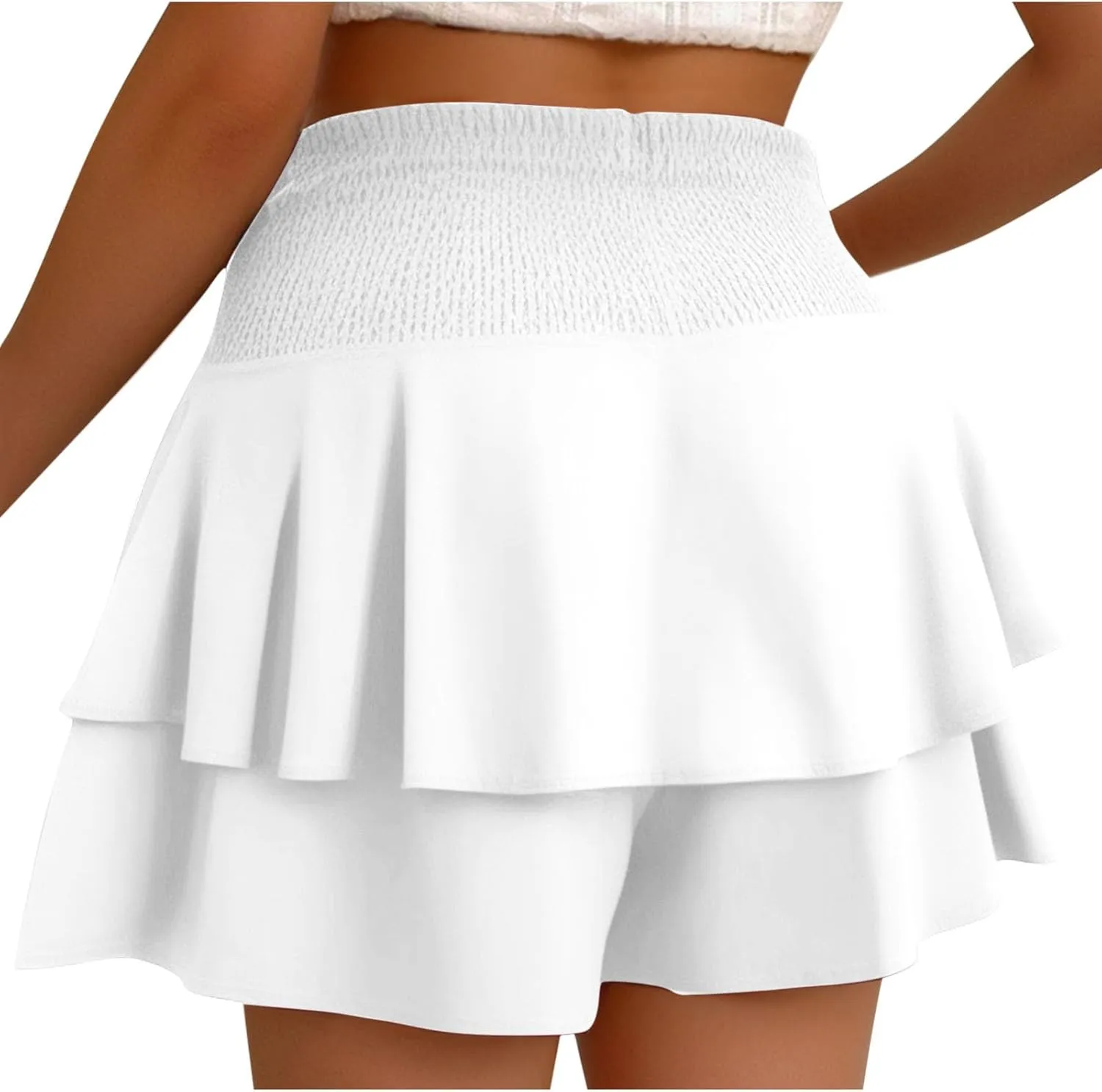 Women Flowy High Waisted Shorts Summer Casual Ruffle Double Layered Hem Skorts Smocked Waist Comfy Lounge Short Pants