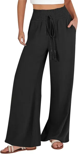 Women Linen Blend Summer Comfy Pant Trousers Elastic Waisted Wide Leg Slim Fit Palazzo Pants Vacation