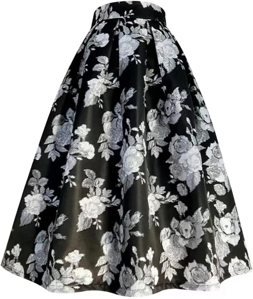 Women Spring Autumn Black Floral Embroidery High Waist Pleated Long Puffy Midi Skirt Party