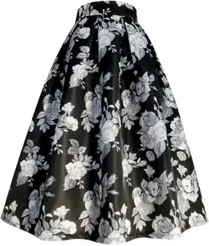 Women Spring Autumn Black Floral Embroidery High Waist Pleated Long Puffy Midi Skirt Party
