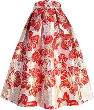 Women Spring Autumn Pink Floral Embroidery High Waist Pleated Long Puffy Midi Skirt Party