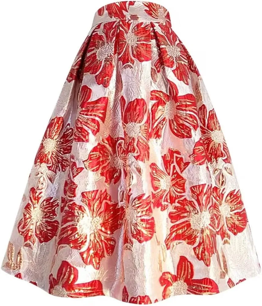 Women Spring Autumn Pink Floral Embroidery High Waist Pleated Long Puffy Midi Skirt Party