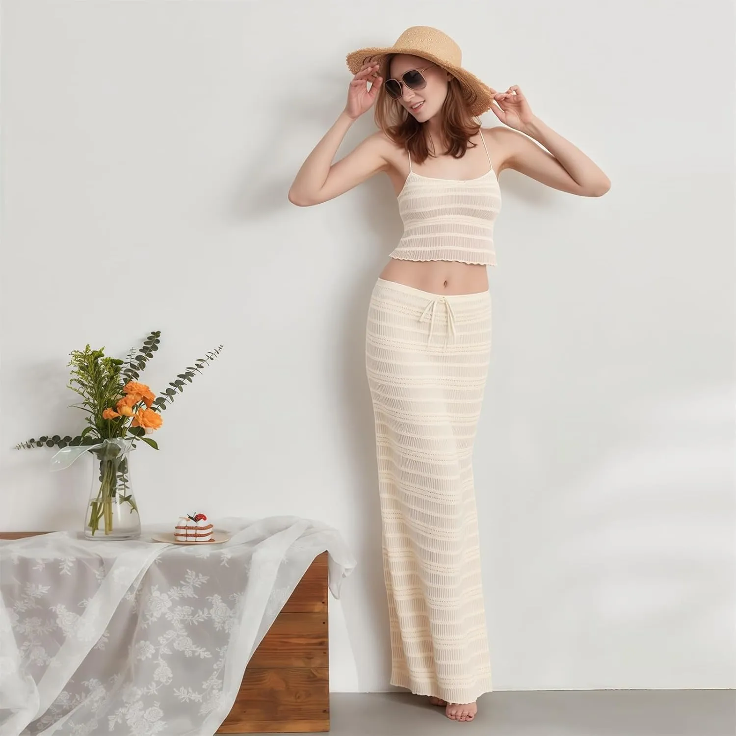 Women Summer Skirts Outfits Tie-Up Spaghetti Strap Backless Camisoles Maxi Skirt Sets Beach Vacation Clothes
