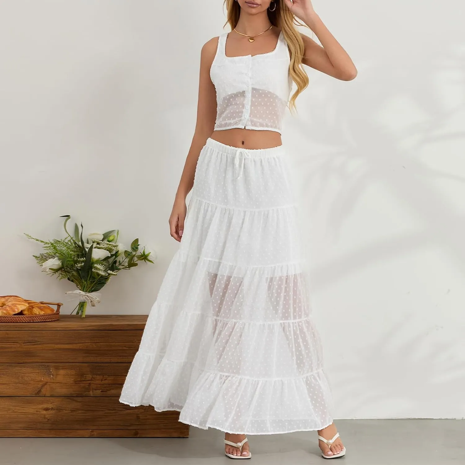 Women Summer Skirts Outfits Tie-Up Spaghetti Strap Backless Camisoles Maxi Skirt Sets Beach Vacation Clothes