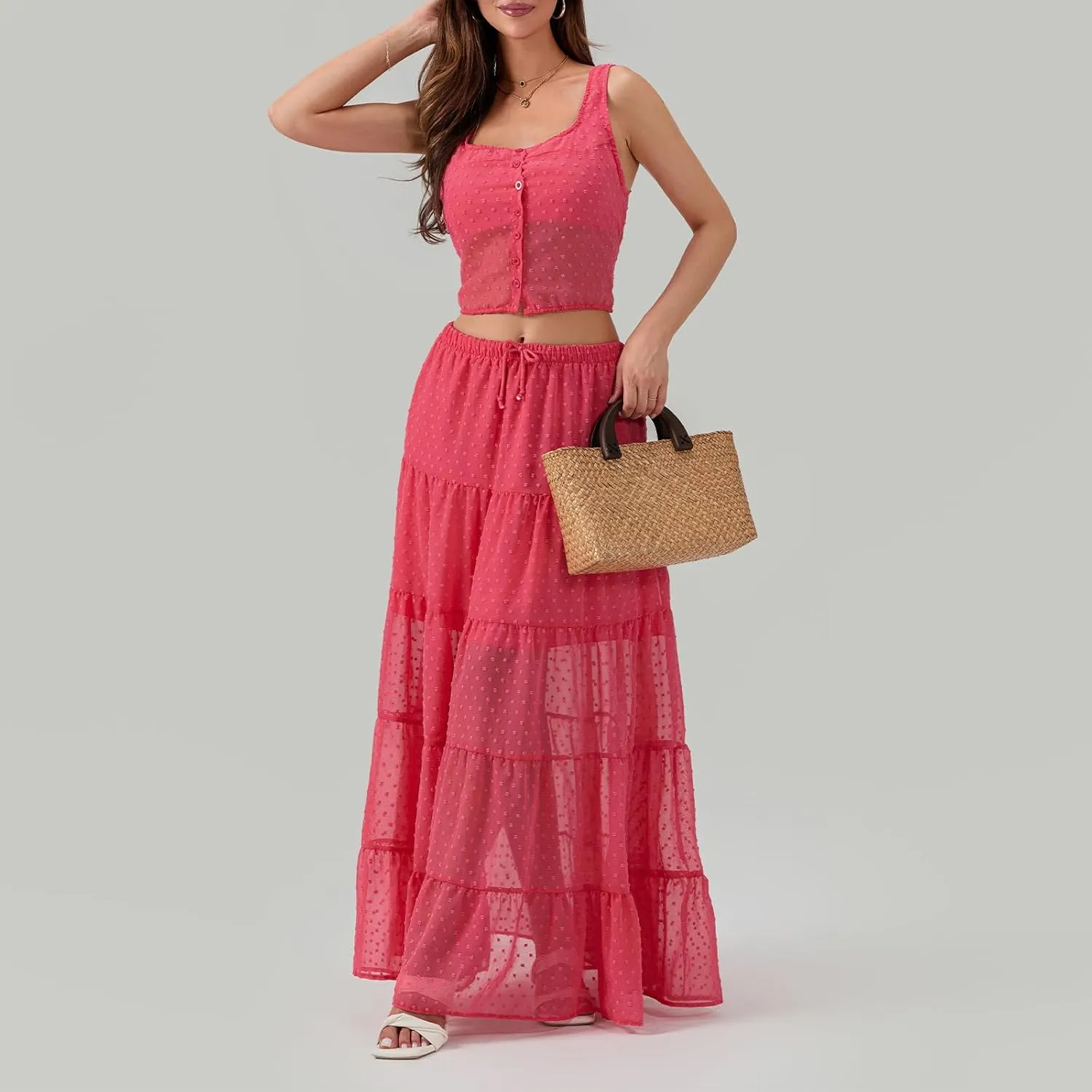 Women Summer Skirts Outfits Tie-Up Spaghetti Strap Backless Camisoles Maxi Skirt Sets Beach Vacation Clothes