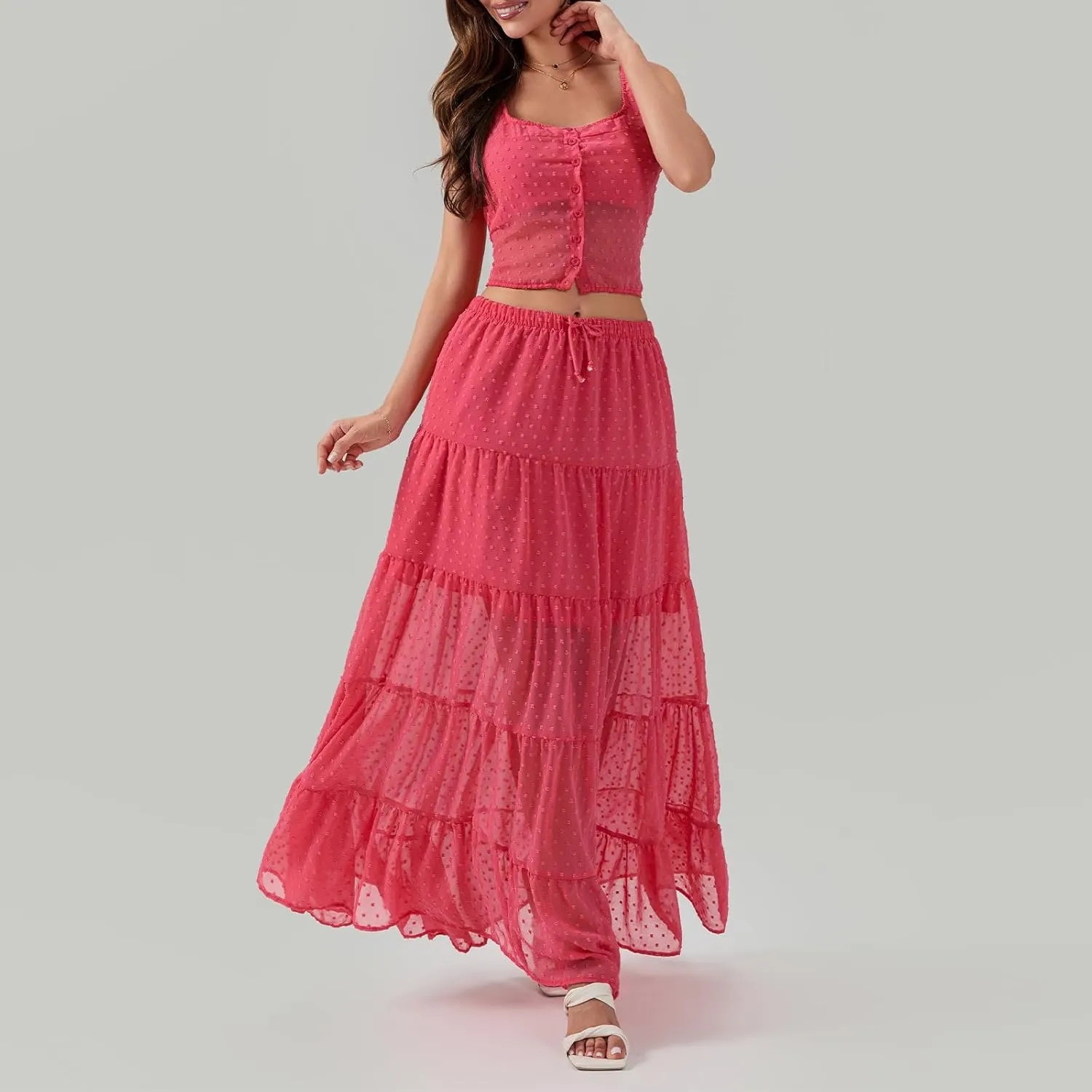 Women Summer Skirts Outfits Tie-Up Spaghetti Strap Backless Camisoles Maxi Skirt Sets Beach Vacation Clothes