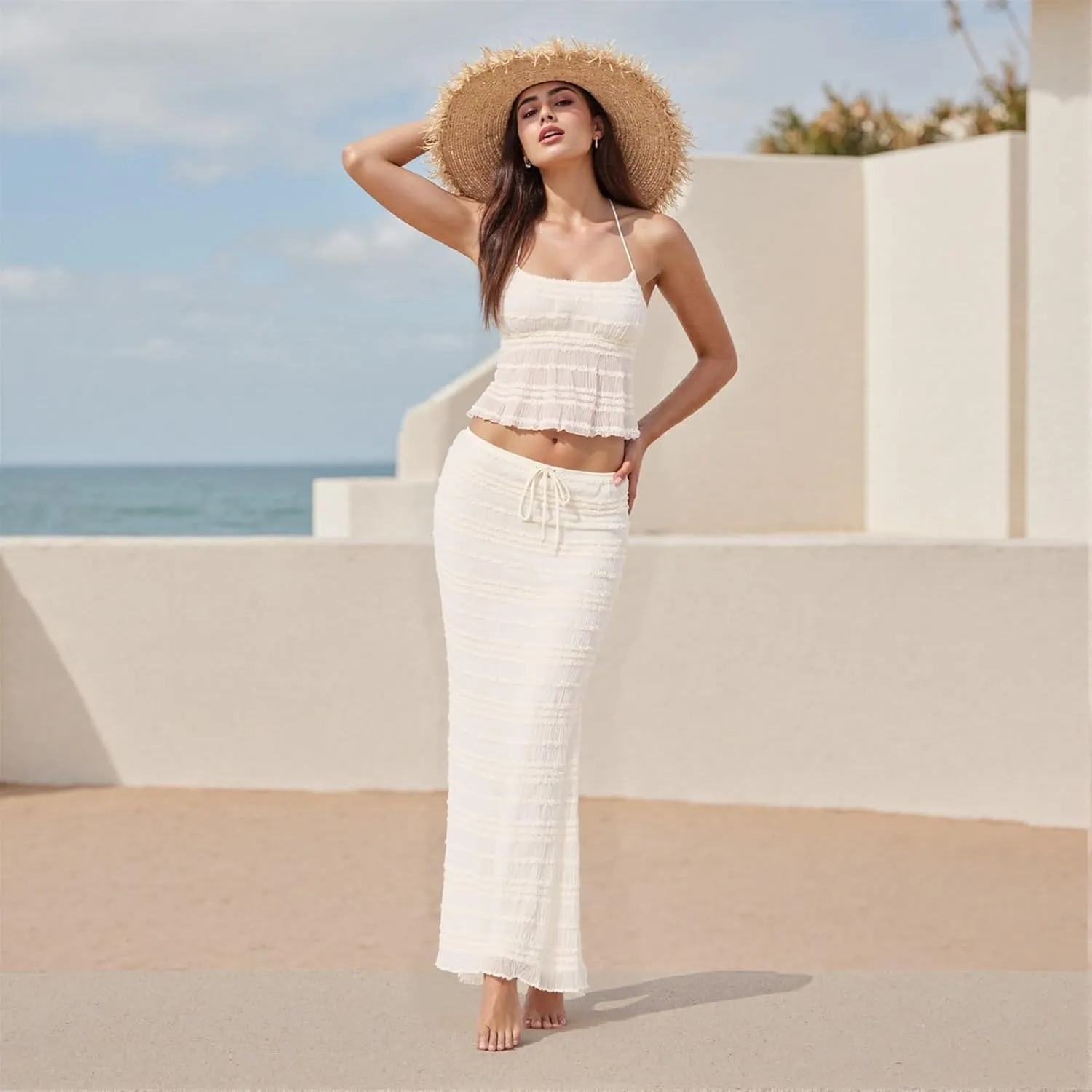 Women Summer Skirts Outfits Tie-Up Spaghetti Strap Backless Camisoles Maxi Skirt Sets Beach Vacation Clothes
