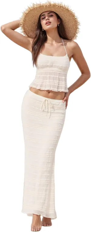 Women Summer Skirts Outfits Tie-Up Spaghetti Strap Backless Camisoles Maxi Skirt Sets Beach Vacation Clothes