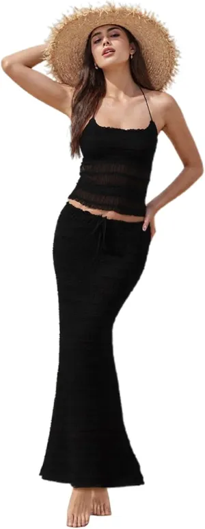 Women Summer Skirts Outfits Tie-Up Spaghetti Strap Backless Camisoles Maxi Skirt Sets Beach Vacation Clothes