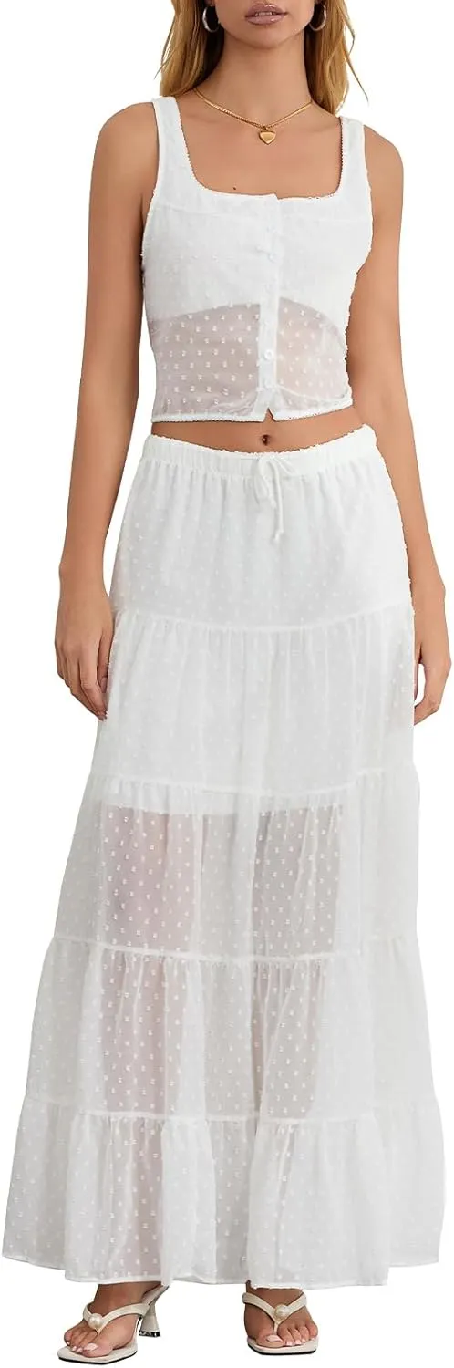 Women Summer Skirts Outfits Tie-Up Spaghetti Strap Backless Camisoles Maxi Skirt Sets Beach Vacation Clothes
