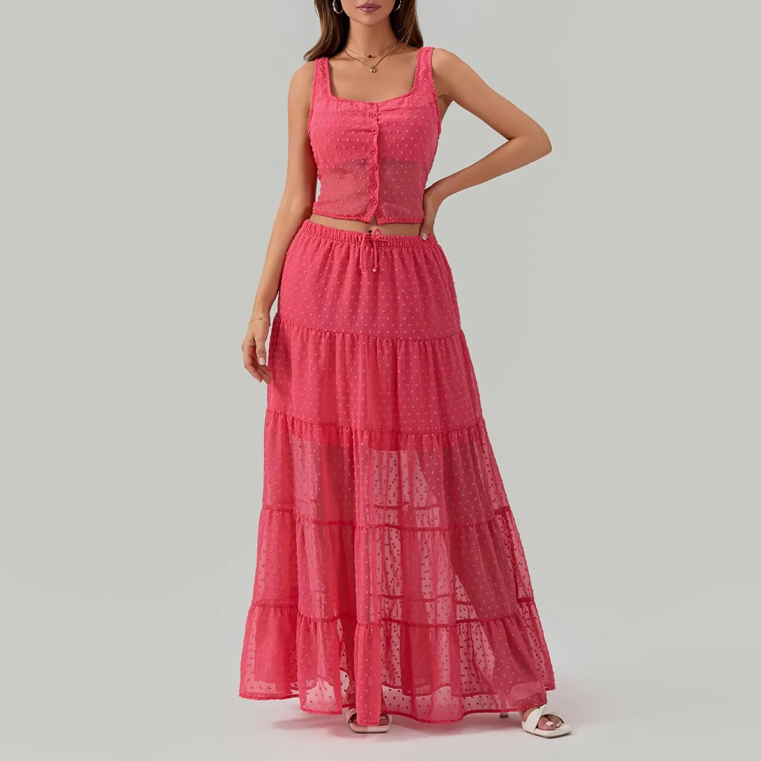 Women Summer Skirts Outfits Tie-Up Spaghetti Strap Backless Camisoles Maxi Skirt Sets Beach Vacation Clothes