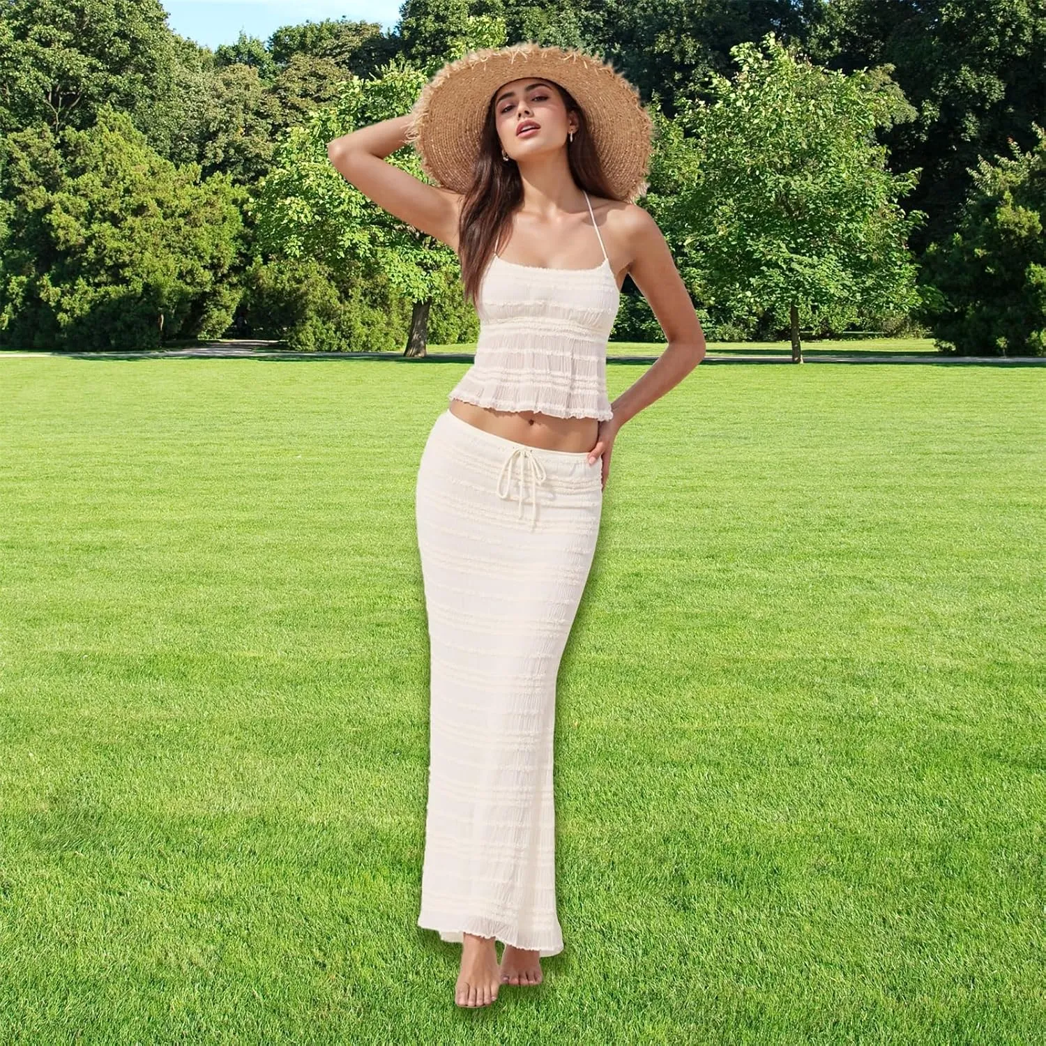 Women Summer Skirts Outfits Tie-Up Spaghetti Strap Backless Camisoles Maxi Skirt Sets Beach Vacation Clothes