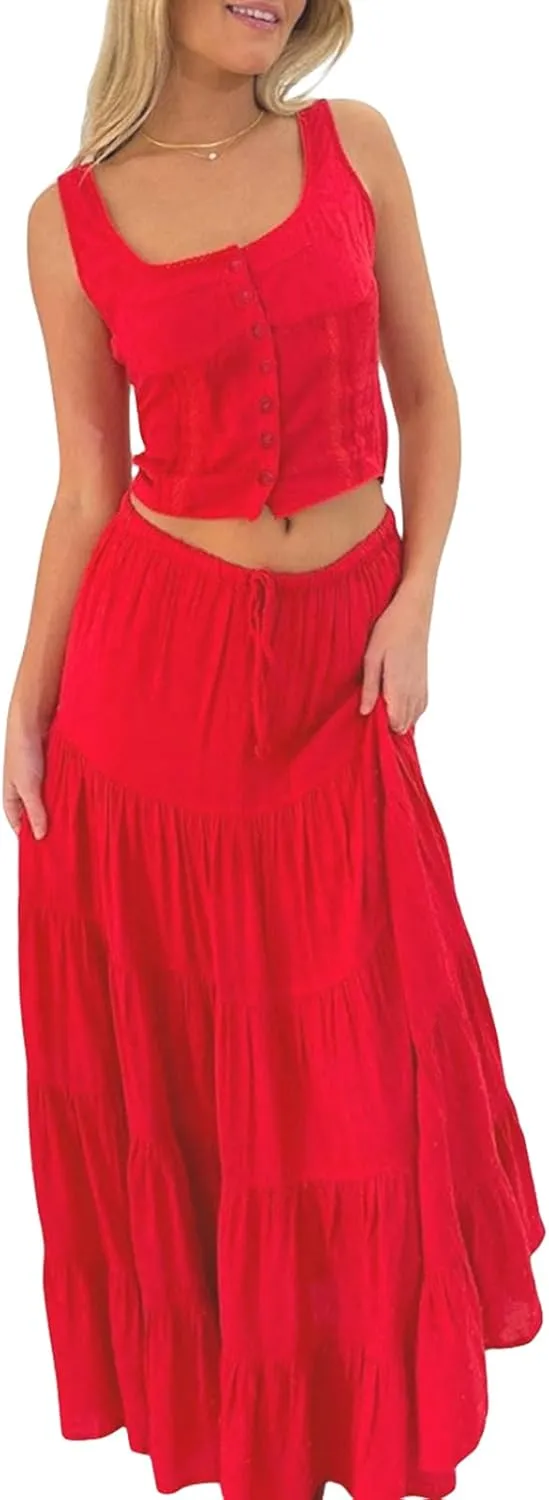 Women Summer Skirts Outfits Tie-Up Spaghetti Strap Backless Camisoles Maxi Skirt Sets Beach Vacation Clothes