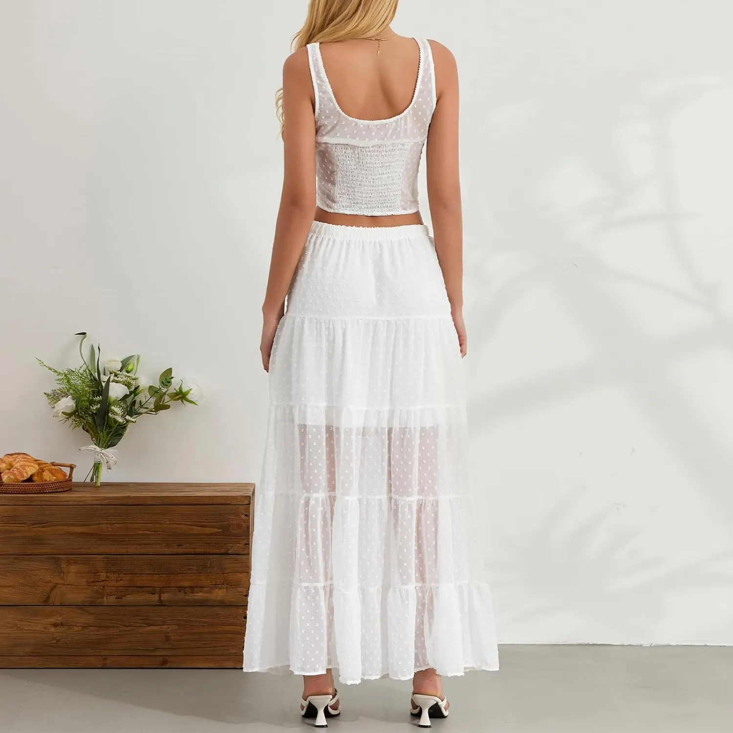 Women Summer Skirts Outfits Tie-Up Spaghetti Strap Backless Camisoles Maxi Skirt Sets Beach Vacation Clothes