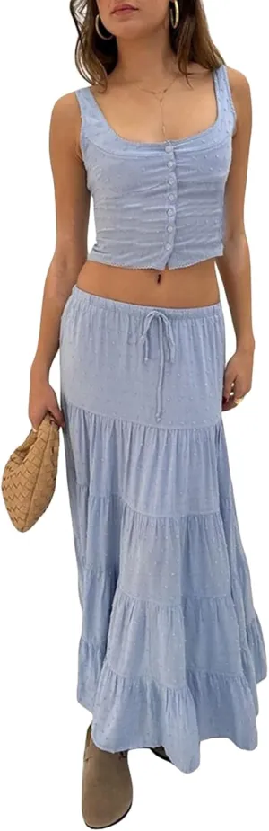 Women Summer Skirts Outfits Tie-Up Spaghetti Strap Backless Camisoles Maxi Skirt Sets Beach Vacation Clothes