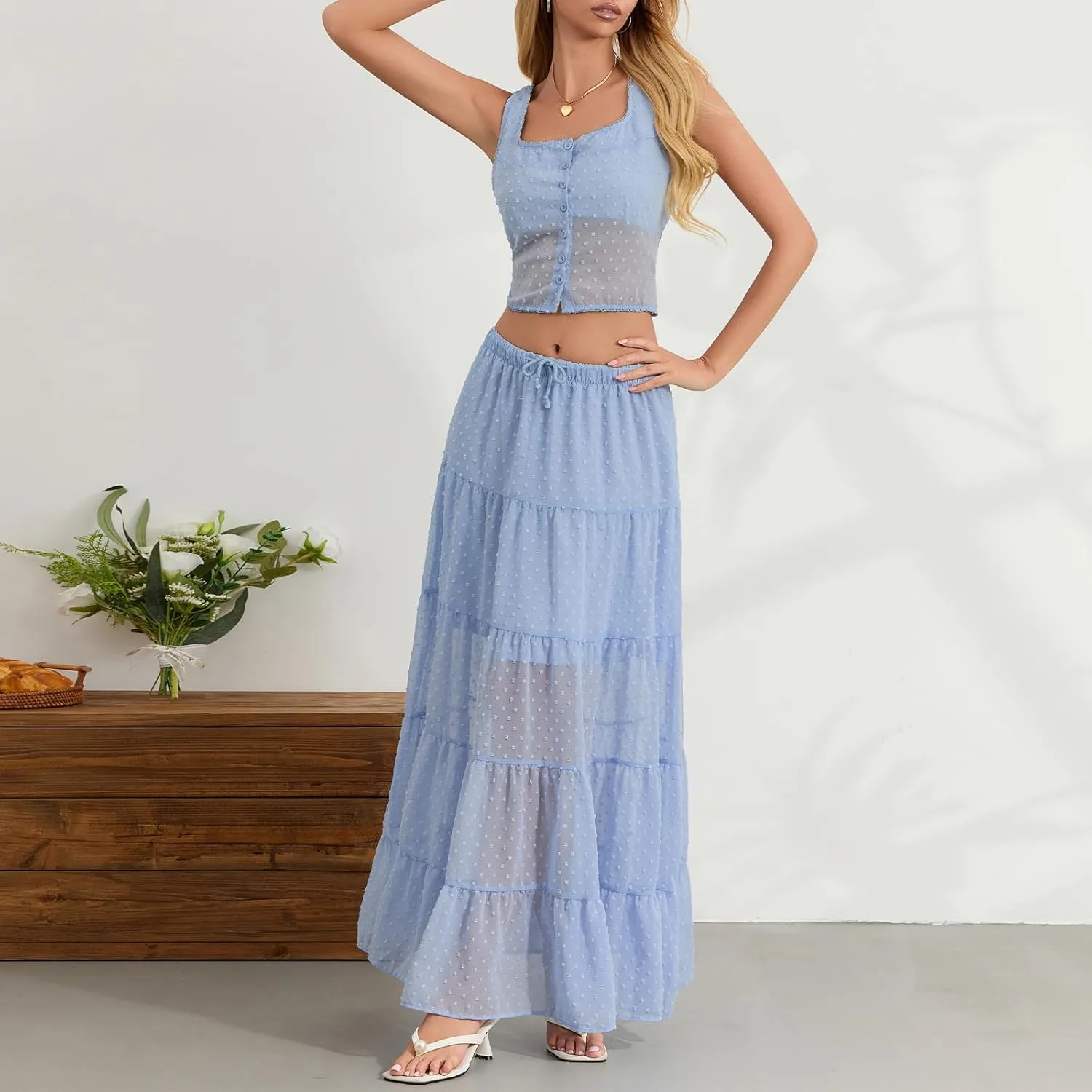 Women Summer Skirts Outfits Tie-Up Spaghetti Strap Backless Camisoles Maxi Skirt Sets Beach Vacation Clothes