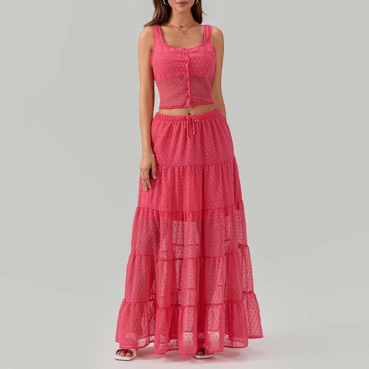 Women Summer Skirts Outfits Tie-Up Spaghetti Strap Backless Camisoles Maxi Skirt Sets Beach Vacation Clothes