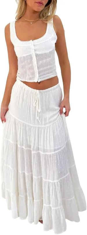 Women Summer Skirts Outfits Tie-Up Spaghetti Strap Backless Camisoles Maxi Skirt Sets Beach Vacation Clothes