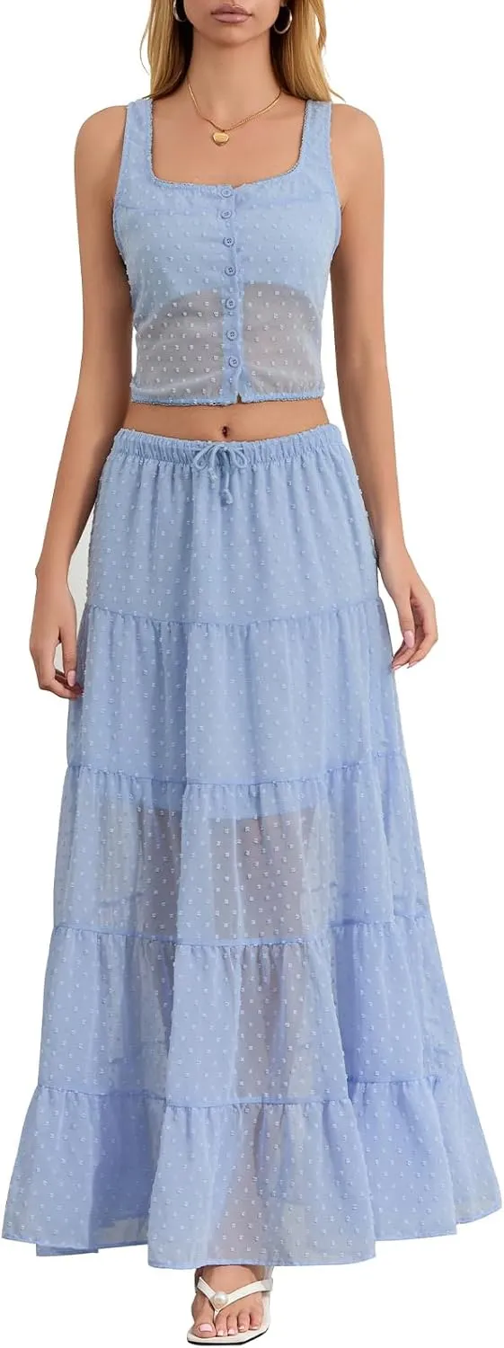 Women Summer Skirts Outfits Tie-Up Spaghetti Strap Backless Camisoles Maxi Skirt Sets Beach Vacation Clothes