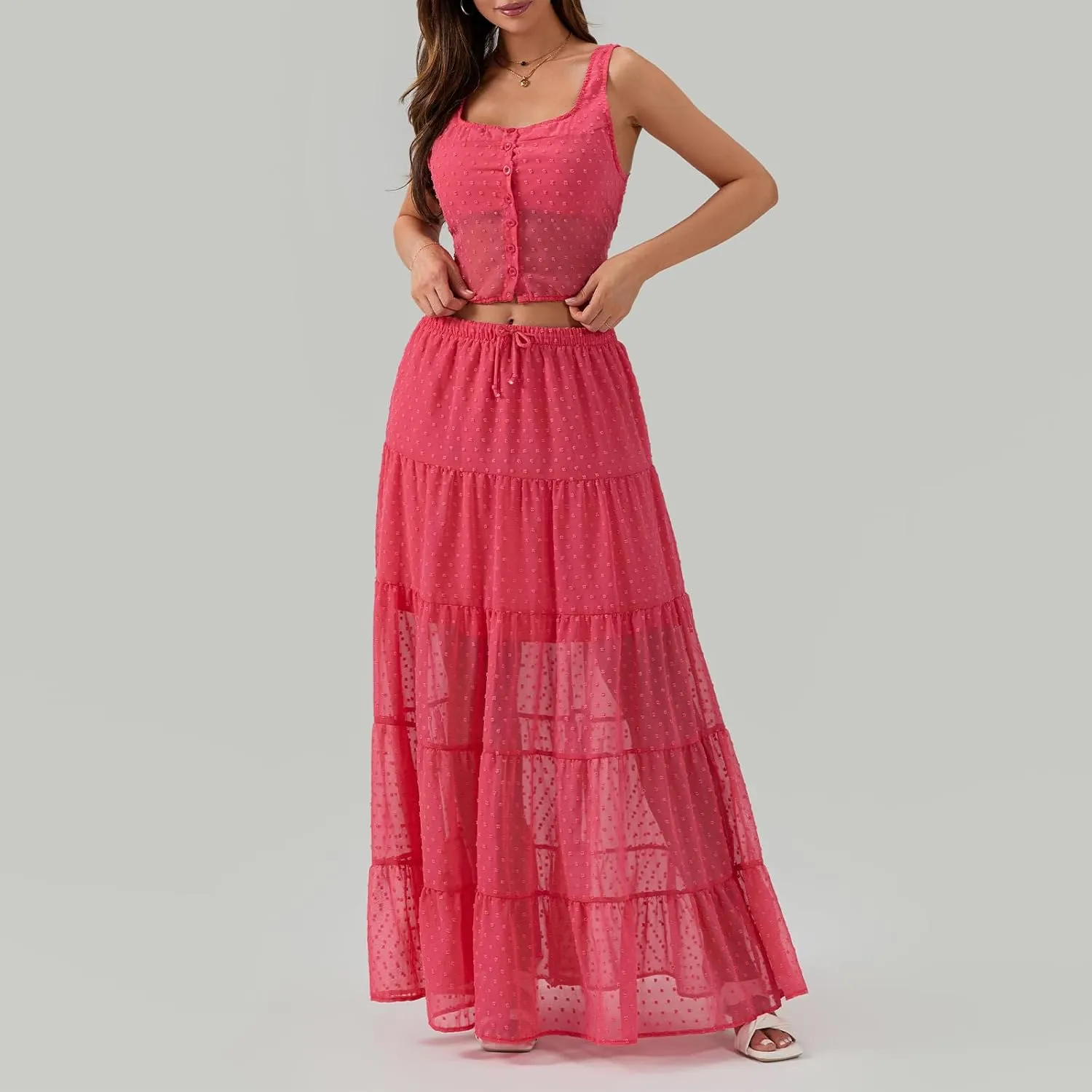 Women Summer Skirts Outfits Tie-Up Spaghetti Strap Backless Camisoles Maxi Skirt Sets Beach Vacation Clothes