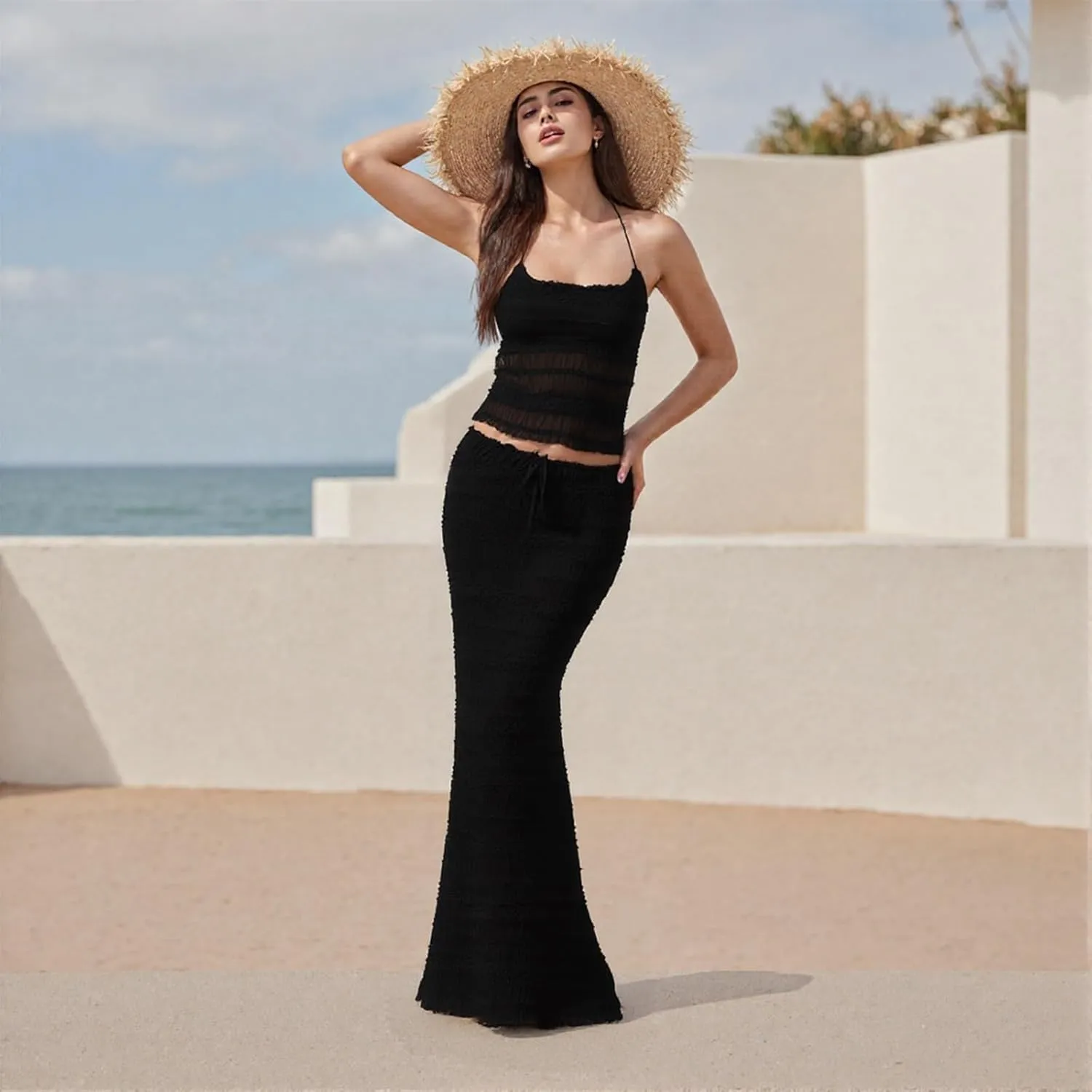 Women Summer Skirts Outfits Tie-Up Spaghetti Strap Backless Camisoles Maxi Skirt Sets Beach Vacation Clothes
