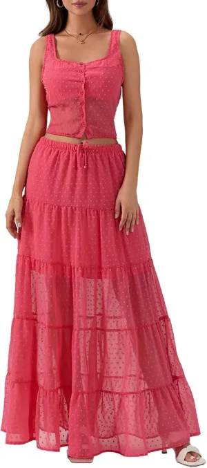 Women Summer Skirts Outfits Tie-Up Spaghetti Strap Backless Camisoles Maxi Skirt Sets Beach Vacation Clothes