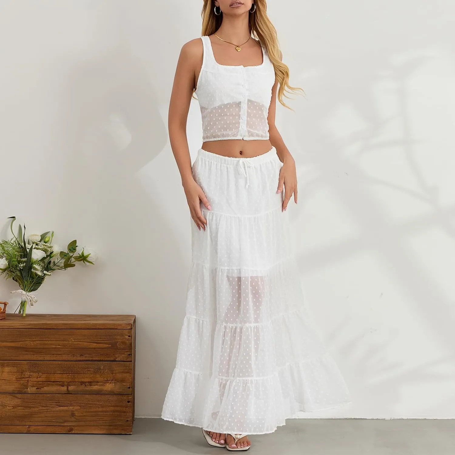 Women Summer Skirts Outfits Tie-Up Spaghetti Strap Backless Camisoles Maxi Skirt Sets Beach Vacation Clothes