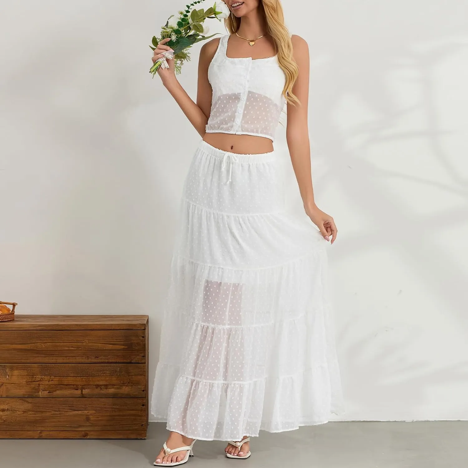 Women Summer Skirts Outfits Tie-Up Spaghetti Strap Backless Camisoles Maxi Skirt Sets Beach Vacation Clothes