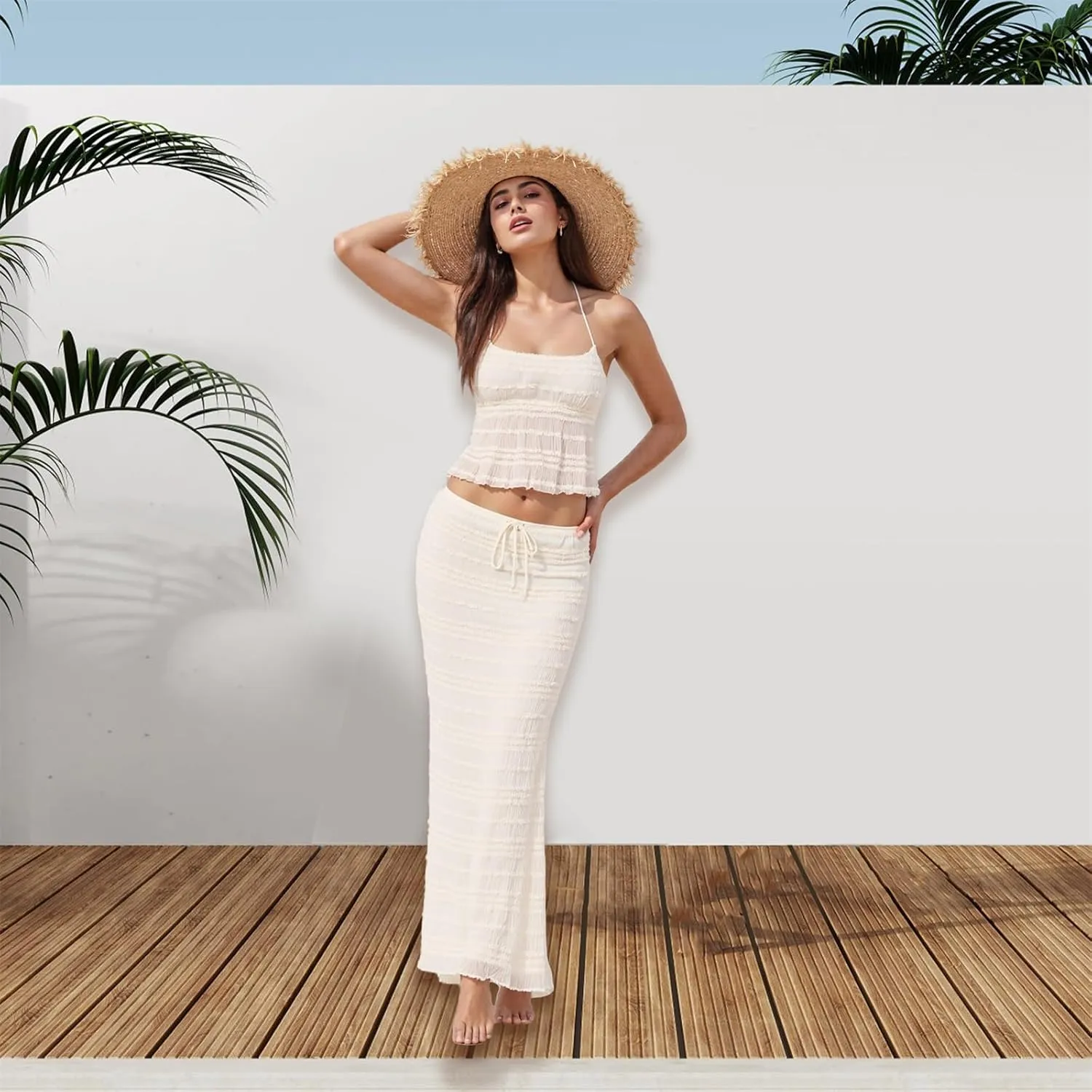 Women Summer Skirts Outfits Tie-Up Spaghetti Strap Backless Camisoles Maxi Skirt Sets Beach Vacation Clothes