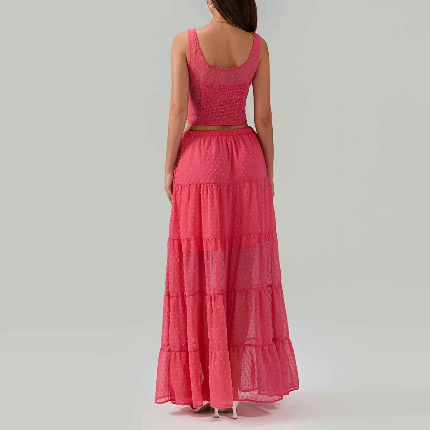 Women Summer Skirts Outfits Tie-Up Spaghetti Strap Backless Camisoles Maxi Skirt Sets Beach Vacation Clothes
