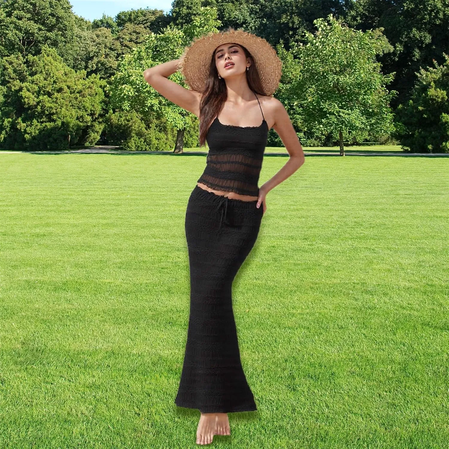 Women Summer Skirts Outfits Tie-Up Spaghetti Strap Backless Camisoles Maxi Skirt Sets Beach Vacation Clothes