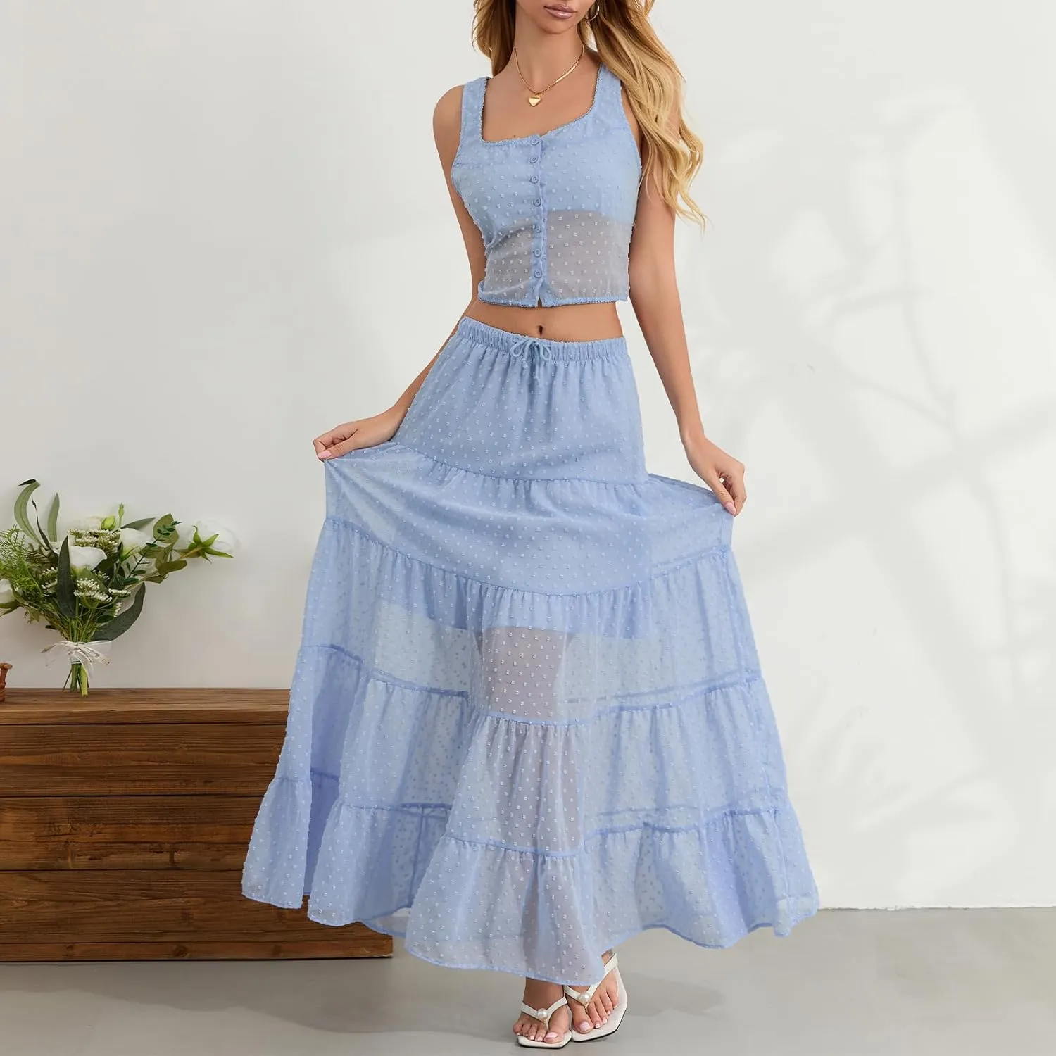 Women Summer Skirts Outfits Tie-Up Spaghetti Strap Backless Camisoles Maxi Skirt Sets Beach Vacation Clothes