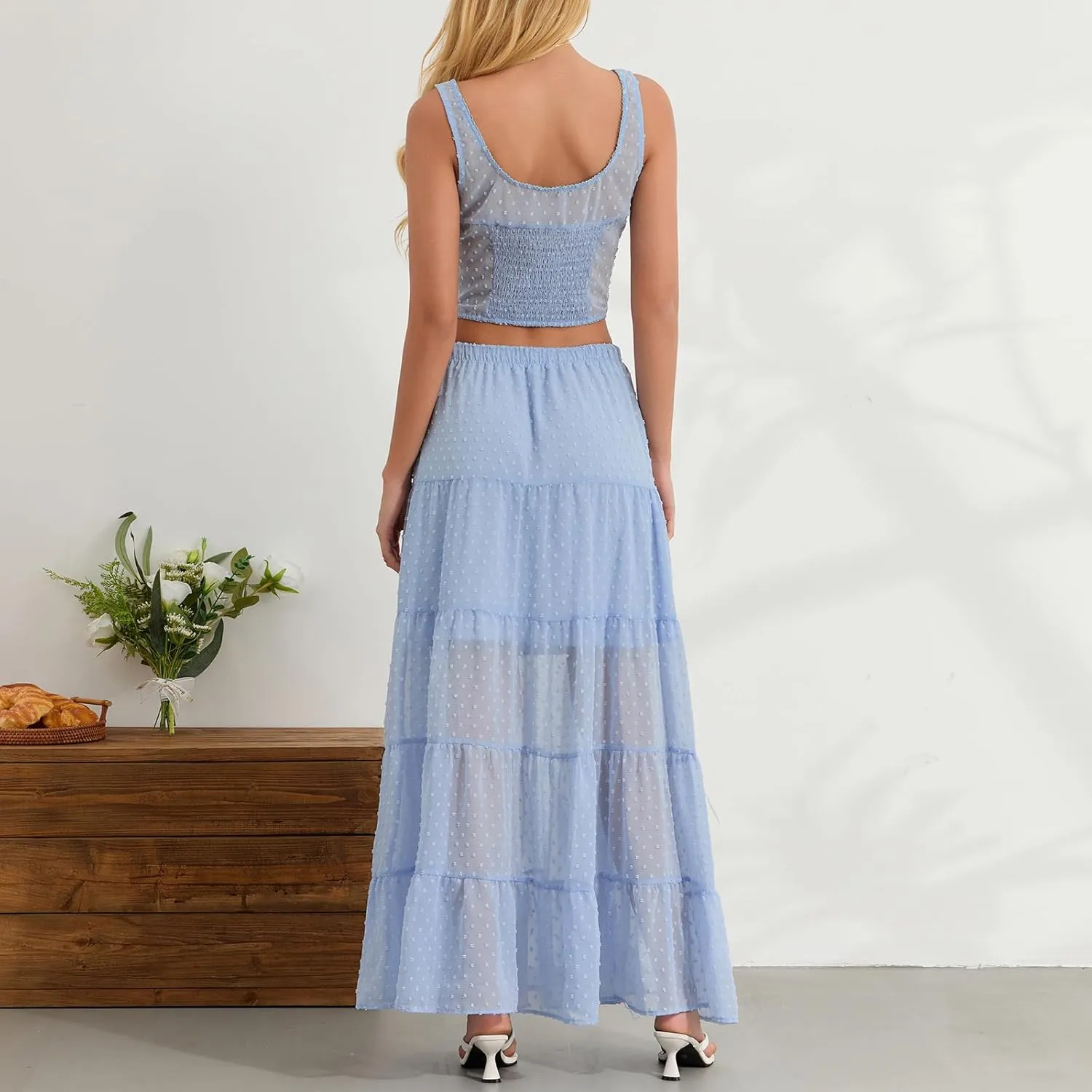 Women Summer Skirts Outfits Tie-Up Spaghetti Strap Backless Camisoles Maxi Skirt Sets Beach Vacation Clothes